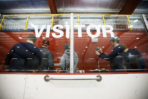 JOHN WOODS / WINNIPEG FREE PRESS
Steinbach Pistons players prepare their sticks and skates inside Waywayseecappo arena prior to their game Sunday, February 24, 2019. Steinbach Pistons hit the road on a bus to Waywayseecappo where they played the Waywayseecappo Wolverines and then returned to Steinbach for a 17.5 hour day.