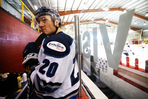 JOHN WOODS / WINNIPEG FREE PRESS
Steinbach Pistons Tanner Mole waits to hit the ice inside Waywayseecappo arena prior to their game Sunday, February 24, 2019. Steinbach Pistons hit the road on a bus to Waywayseecappo where they played the Waywayseecappo Wolverines and then returned to Steinbach for a 17.5 hour day.