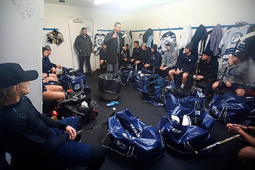 JOHN WOODS / WINNIPEG FREE PRESS
Steinbach Pistons head coach Paul Dyck talks to his players inside their dressing room in Waywayseecappo arena prior to their game Sunday, February 24, 2019. Steinbach Pistons hit the road on a bus to Waywayseecappo where they played the Waywayseecappo Wolverines and then returned to Steinbach for a 17.5 hour day.
