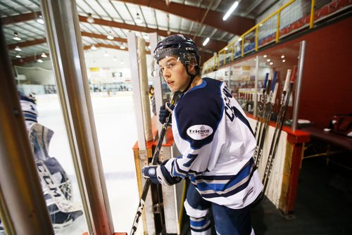 JOHN WOODS / WINNIPEG FREE PRESS
Steinbach Pistons defenceman Caydin Cleland hits the ice for warmup in Waywayseecappo arena  prior to their game Sunday, February 24, 2019. Steinbach Pistons hit the road on a bus to Waywayseecappo where they played the Waywayseecappo Wolverines and then returned to Steinbach for a 17.5 hour day.
