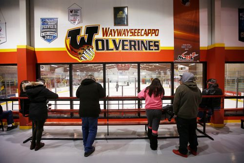 JOHN WOODS / WINNIPEG FREE PRESS
Spectators watch as the Steinbach Pistons and Waywayseecappo Wolverines hit the ice during warmup in Waywayseecappo arena  prior to their game Sunday, February 24, 2019. Steinbach Pistons hit the road on a bus to Waywayseecappo where they played the Waywayseecappo Wolverines and then returned to Steinbach for a 17.5 hour day.
