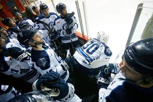 JOHN WOODS / WINNIPEG FREE PRESS
Steinbach Pistons goaltender Matthew Radomsky and his teammates wait to hit the ice for their game in  Waywayseecappo  Sunday, February 24, 2019. Steinbach Pistons hit the road on a bus to Waywayseecappo where they played the Waywayseecappo Wolverines and then returned to Steinbach for a 17.5 hour day.
