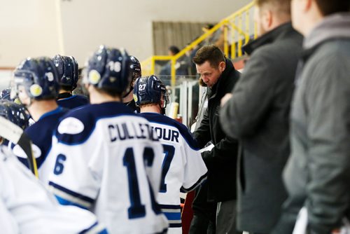 JOHN WOODS / WINNIPEG FREE PRESS
Steinbach Pistons head coach Paul talks to Riley Vautour (27) during their game in Waywayseecappo Sunday, February 24, 2019. Steinbach Pistons hit the road on a bus to Waywayseecappo where they played the Waywayseecappo Wolverines and then returned to Steinbach for a 17.5 hour day.
