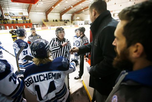 JOHN WOODS / WINNIPEG FREE PRESS
Steinbach Pistons head coach Paul talks to officials during their game in Waywayseecappo Sunday, February 24, 2019. Steinbach Pistons hit the road on a bus to Waywayseecappo where they played the Waywayseecappo Wolverines and then returned to Steinbach for a 17.5 hour day.