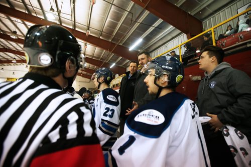 JOHN WOODS / WINNIPEG FREE PRESS
Steinbach Pistons head coach Paul Dyck, left, and assistant coach Calvin Bugyik dispute a call with an officials during the second period of their their game in Waywayseecappo Sunday, February 24, 2019. Steinbach Pistons hit the road on a bus to Waywayseecappo where they played the Waywayseecappo Wolverines and then returned to Steinbach for a 17.5 hour day.