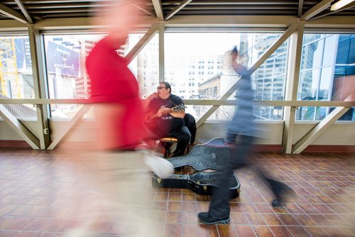 MIKAELA MACKENZIE / WINNIPEG FREE PRESS
Lucien Spence practices in the skywalks downtown in Winnipeg on Wednesday, Feb. 27, 2019. He believes that it is his duty to share his musical talent, and also finds the exposure to be a perk of busking.
Winnipeg Free Press 2019.