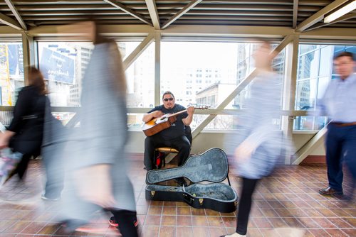 MIKAELA MACKENZIE / WINNIPEG FREE PRESS
Lucien Spence practices in the skywalks downtown in Winnipeg on Wednesday, Feb. 27, 2019. He believes that it is his duty to share his musical talent, and also finds the exposure to be a perk of busking.
Winnipeg Free Press 2019.