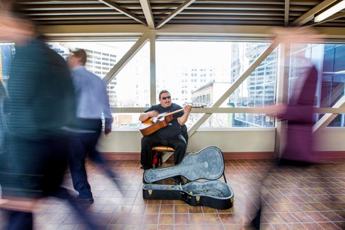 MIKAELA MACKENZIE / WINNIPEG FREE PRESS
Lucien Spence practices in the skywalks downtown in Winnipeg on Wednesday, Feb. 27, 2019. He believes that it is his duty to share his musical talent, and also finds the exposure to be a perk of busking.
Winnipeg Free Press 2019.