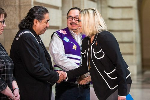 MIKAELA MACKENZIE / WINNIPEG FREE PRESS
Sustainable Development Minister Rochelle Squires shakes Hollow Water First Nation Chief Larry Barker's hand as they make an announcement about forestry at the Manitoba Legislative Building in Winnipeg on Thursday, Feb. 28, 2019. 
Winnipeg Free Press 2019.