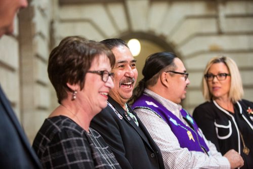 MIKAELA MACKENZIE / WINNIPEG FREE PRESS
Hollow Water First Nation Chief Larry Barker laughs before making an announcement about forestry at the Manitoba Legislative Building in Winnipeg on Thursday, Feb. 28, 2019. 
Winnipeg Free Press 2019.