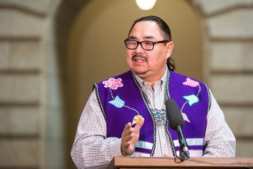 MIKAELA MACKENZIE / WINNIPEG FREE PRESS
Black River First Nation Chief Sheldon Kent makes an announcement about forestry at the Manitoba Legislative Building in Winnipeg on Thursday, Feb. 28, 2019. 
Winnipeg Free Press 2019.