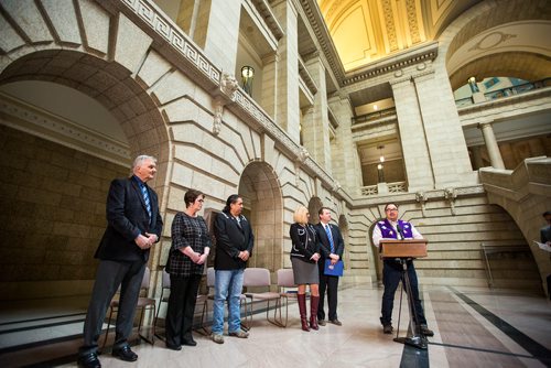 MIKAELA MACKENZIE / WINNIPEG FREE PRESS
Black River First Nation Chief Sheldon Kent makes an announcement about forestry at the Manitoba Legislative Building in Winnipeg on Thursday, Feb. 28, 2019. 
Winnipeg Free Press 2019.