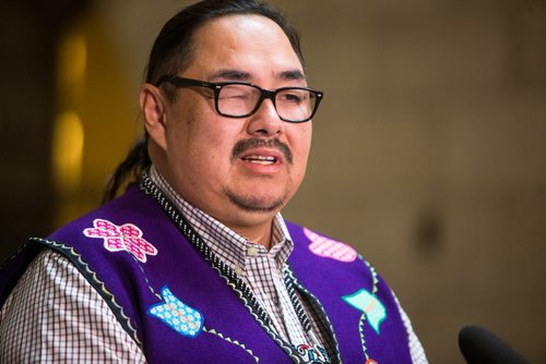 MIKAELA MACKENZIE / WINNIPEG FREE PRESS
Black River First Nation Chief Sheldon Kent makes an announcement about forestry at the Manitoba Legislative Building in Winnipeg on Thursday, Feb. 28, 2019. 
Winnipeg Free Press 2019.