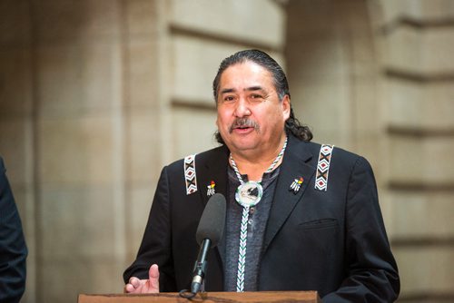 MIKAELA MACKENZIE / WINNIPEG FREE PRESS
Hollow Water First Nation Chief Larry Barker makes an announcement about forestry at the Manitoba Legislative Building in Winnipeg on Thursday, Feb. 28, 2019. 
Winnipeg Free Press 2019.