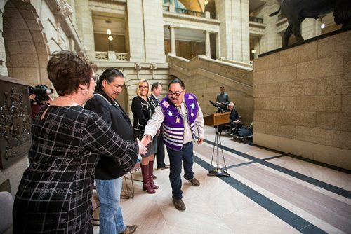 MIKAELA MACKENZIE / WINNIPEG FREE PRESS
Black River First Nation Chief Sheldon Kent shakes Indigenous and Northern Relations Minister Eileen Clarke's hand while making an announcement about forestry at the Manitoba Legislative Building in Winnipeg on Thursday, Feb. 28, 2019. 
Winnipeg Free Press 2019.