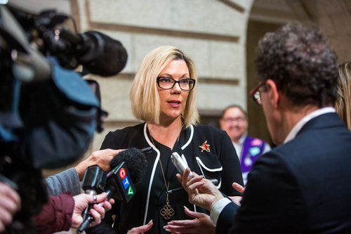 MIKAELA MACKENZIE / WINNIPEG FREE PRESS
Sustainable Development Minister Rochelle Squires speaks to the media after making an announcement about forestry at the Manitoba Legislative Building in Winnipeg on Thursday, Feb. 28, 2019. 
Winnipeg Free Press 2019.