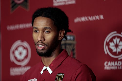 PHIL HOSSACK / WINNIPEG FREE PRESS - Valour FC mid-fielder Ali Musse at a press conference announcing his signing Thursday. Taylor Allen story.  - February 28, 201 9.