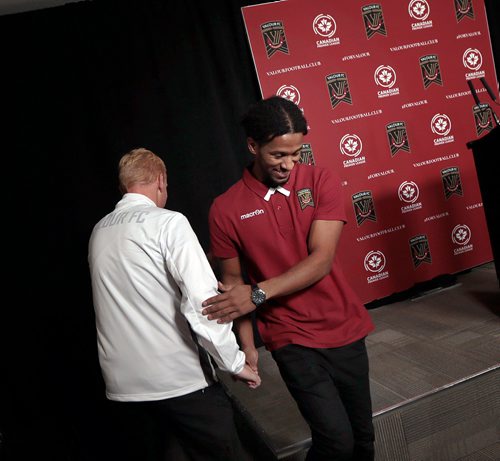 PHIL HOSSACK / WINNIPEG FREE PRESS - Valour FC head coach Rob Gale and newly signed Ali Musse at a press conference announcing the signing of the local mid-fielder. Taylor Allen story.  - February 28, 201 9.