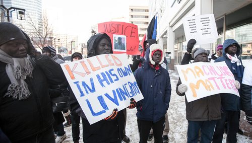 PHIL HOSSACK / WINNIPEG FREE PRESS -About a hundred members of the Sudanese community and others rallied in front of Police HQ Friday afternoon to protest the Police shooting death of Machuar Madut in February. See Alex Paul story. - March 1, 2019.