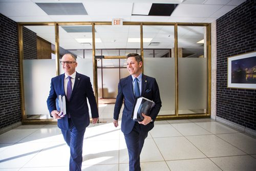 MIKAELA MACKENZIE / WINNIPEG FREE PRESS
Finance chair Scott Gillingham (left) and mayor Brian Bowman speaks to the media about the newly released 2019 budget at City Hall in Winnipeg on Friday, March 1, 2019. 
Winnipeg Free Press 2019.