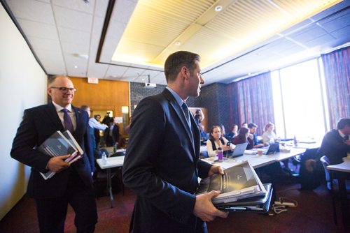 MIKAELA MACKENZIE / WINNIPEG FREE PRESS
Finance chair Scott Gillingham (left) and mayor Brian Bowman speaks to the media about the newly released 2019 budget at City Hall in Winnipeg on Friday, March 1, 2019. 
Winnipeg Free Press 2019.