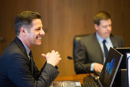 MIKAELA MACKENZIE / WINNIPEG FREE PRESS
Mayor Brian Bowman laughs before calling the meeting to order to table the 2019 budget at EPC at City Hall in Winnipeg on Friday, March 1, 2019. 
Winnipeg Free Press 2019.