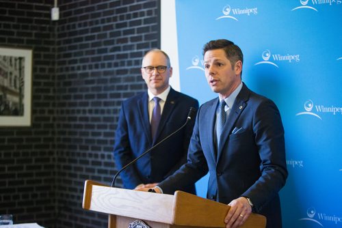 MIKAELA MACKENZIE / WINNIPEG FREE PRESS
Mayor Brian Bowman speaks to the media about the newly released 2019 budget at City Hall in Winnipeg on Friday, March 1, 2019. 
Winnipeg Free Press 2019.