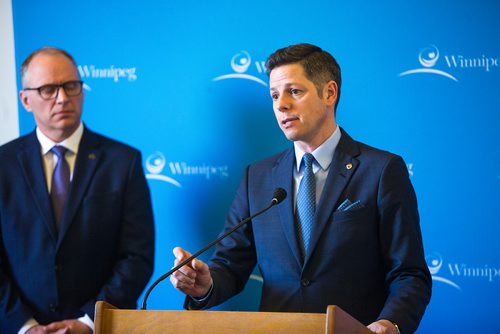 MIKAELA MACKENZIE / WINNIPEG FREE PRESS
Mayor Brian Bowman speaks to the media about the newly released 2019 budget at City Hall in Winnipeg on Friday, March 1, 2019. 
Winnipeg Free Press 2019.