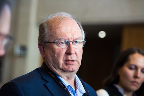 MIKAELA MACKENZIE / WINNIPEG FREE PRESS
Chris Lorenc, president of the Manitoba Heavy Construction Association, reacts to the 2019 budget at City Hall in Winnipeg on Friday, March 1, 2019. 
Winnipeg Free Press 2019.