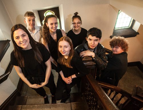 PHIL HOSSACK / WINNIPEG FREE PRESS - Shaftsbury Jazz Choir poses Friday afternoon. The group will be performing  Foreigner at Bell MTS Place on March 2. Jen Z's. story.- March 1, 2019. 
Left to right front, Harley Friesen, Emily Rogers, Aaron Delaronde, Jared Fetter-Malott
Rear; Mason Forster, Kayla Baniuk and Emily Penner.