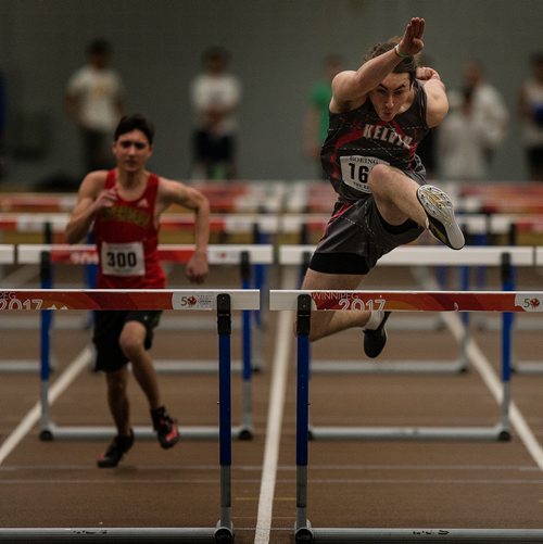 PHIL HOSSACK / WINNIPEG FREE PRESS -Hurdler Josh Harrison runs the mens under 18 race for Kelvin Collegiate Friday afternoon at the Boeing Indoor Classic Track and Field Meet.  - March 1, 2019. 
