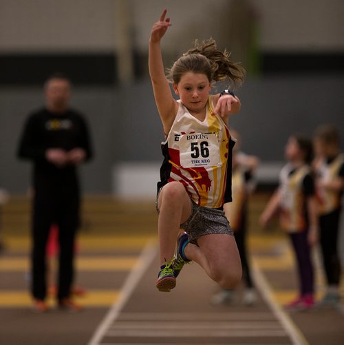 PHIL HOSSACK / WINNIPEG FREE PRESS -Grit....Sofia Oullette brings it all to the table as she warms up with her Excel Athletika under 12yrs team from Regina at the Boeing Indoor Classic Track and Field Meet.  - March 1, 2019. (1 OF 2 Pictures)

