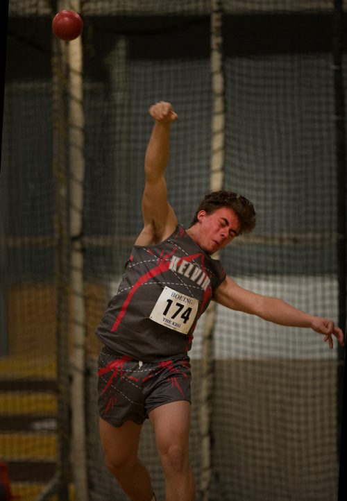 PHIL HOSSACK / WINNIPEG FREE PRESS -Up Up and Away....Shot putter Dylan Nicolau releases his throw for Kelvin Collegiate Friday afternoon at the Boeing Indoor Classic Track and Field Meet.  - March 1, 2019. 
