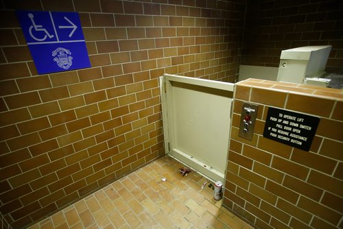 JOHN WOODS / WINNIPEG FREE PRESS
A wheelchair access elevator in the Portage and Main underground concourse in Winnipeg smells of urine and has beer cans and food wrappers at it's entrance Sunday, March 3, 2019.
