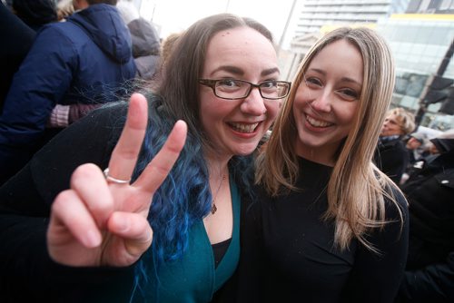 JOHN WOODS / WINNIPEG FREE PRESS
Laurie McDougall and Samantha Martin line up to attend the Barrack Obama speech at a downtown arena Monday, March 4, 2019.