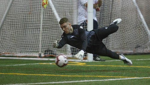 MIKE DEAL / WINNIPEG FREE PRESS
FC Valour goaltender Tyson Farago catches the ball during practice at the Subway South Soccer Complex Tuesday morning.
190305 - Tuesday, March 05, 2019.