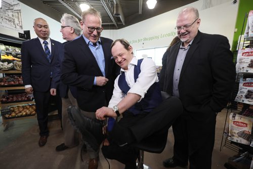 RUTH BONNEVILLE / WINNIPEG FREE PRESS

LOCAL - budget shoes
Tuesday, 

Kris Enns, who works at the Vita Health store in Tuxedo, is all smiles after he receives new shoes from  Finance Minister Scott Fielding at  press conference in advance of the 2019 provincial budget at the Vita Health store Tuesday.  Also at the event was Families Minister Heather Stefanson and Education and Training Minister Kelvin Goertzen.  

Kris Enns, works at two jobs including the one at Vita Health through a program sponsored partly by the provincial government helping people with special needs find work.

March 05, 2019
