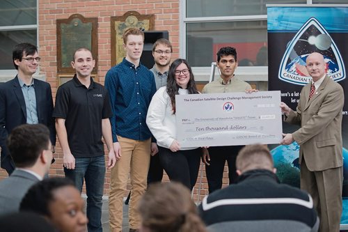Canstar Community News Feb. 25, 2019 -  The University of Manitoba Space Applications and Technology Society won the Canadian Satellite Design Challenge and was awarded $10,000 on Feb. 25. The group's TSat4 scored highest among judges from the Canadian Space Society. (DANIELLE DA SILVA/SOUWESTER/CANSTAR)
