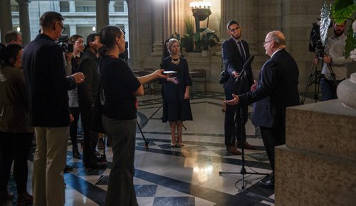 MIKE DEAL / WINNIPEG FREE PRESS
Kelvin Goertzen Minister of Education and Training after question period Wednesday afternoon in the Manitoba Legislative building.
190306 - Wednesday, March 06, 2019.