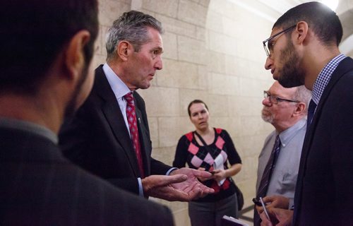 MIKE DEAL / WINNIPEG FREE PRESS
Premier Brian Pallister leaves question period skipping a scrum with reporters to deal with a scheduled conference call.
190306 - Wednesday, March 06, 2019.