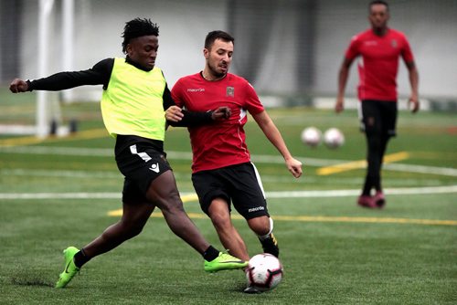 PHIL HOSSACK / WINNIPEG FREE PRESS - Valour FC's mid-fielder Dylan Carreiro  (centre) at the team workout Wednesday afternoon. See story. -March 6, 2019.