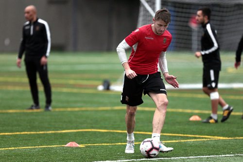 PHIL HOSSACK / WINNIPEG FREE PRESS - Valour FC's mid-fielder Josip Golubar (centre) at the team workout Wednesday afternoon. See story. -March 6, 2019.