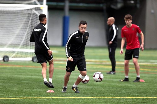 PHIL HOSSACK / WINNIPEG FREE PRESS - Valour FC's mid-fielder Dylan Carreiro  (centre) at the team workout Wednesday afternoon. See story. -March 6, 2019.