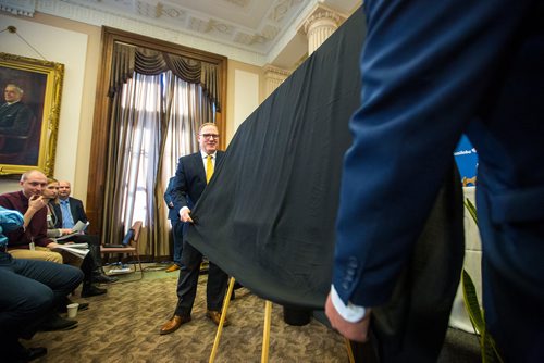 MIKAELA MACKENZIE / WINNIPEG FREE PRESS
Finance Minister Scott Fielding speaks to the media about the 2019 budget in Winnipeg on Thursday, March 7, 2019. 
Winnipeg Free Press 2019.