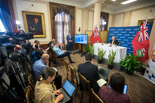 MIKAELA MACKENZIE / WINNIPEG FREE PRESS
Finance Minister Scott Fielding speaks to the media about the 2019 budget in Winnipeg on Thursday, March 7, 2019. 
Winnipeg Free Press 2019.