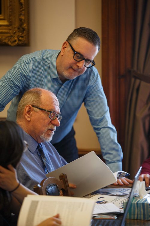MIKE DEAL / WINNIPEG FREE PRESS
Winnipeg Free Press reporters Larry Kusch, and Dan Lett read and discuss the 2019 Provincial Budget documents during the Media Lockup prior to the tabling of the budget in the Manitoba Legislative Chamber Thursday.
190307 - Thursday, March 07, 2019.