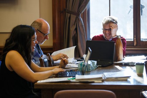 MIKE DEAL / WINNIPEG FREE PRESS
Winnipeg Free Press reporters Jessica Botelho-Urbanski, Larry Kusch, and Graeme Bruce read and discuss the 2019 Provincial Budget documents during the Media Lockup prior to the tabling of the budget in the Manitoba Legislative Chamber Thursday.
190307 - Thursday, March 07, 2019.