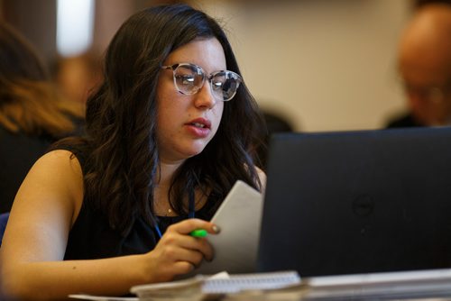 MIKE DEAL / WINNIPEG FREE PRESS
Winnipeg Free Press reporter Jessica Botelho-Urbanski reads the 2019 Provincial Budget documents during the Media Lockup prior to the tabling of the budget in the Manitoba Legislative Chamber Thursday.
190307 - Thursday, March 07, 2019.