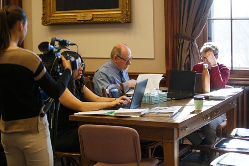 MIKE DEAL / WINNIPEG FREE PRESS
Winnipeg Free Press reporters Jessica Botelho-Urbanski, Larry Kusch, and Graeme Bruce read and discuss the 2019 Provincial Budget documents during the Media Lockup prior to the tabling of the budget in the Manitoba Legislative Chamber Thursday.
190307 - Thursday, March 07, 2019.