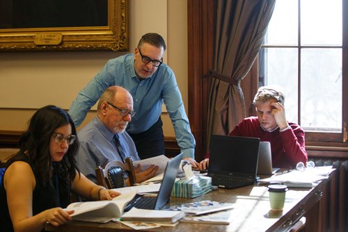 MIKE DEAL / WINNIPEG FREE PRESS
Winnipeg Free Press reporters Jessica Botelho-Urbanski, Larry Kusch, Dan Lett and Graeme Bruce read and discuss the 2019 Provincial Budget documents during the Media Lockup prior to the tabling of the budget in the Manitoba Legislative Chamber Thursday.
190307 - Thursday, March 07, 2019.